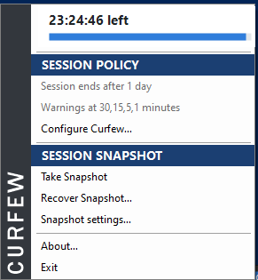 Curfew system-tray menu: a live countdown to sign-out, a Session Policy section with the limit and warning schedule, and a Session Snapshot section for taking and recovering snapshots.